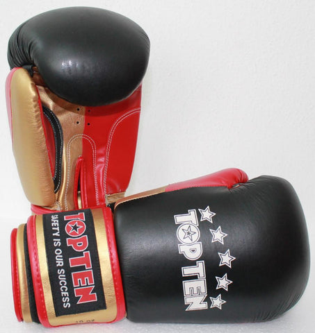 TOP TEN Fight 10oz sparring gloves BLACK/GOLD/RED (Leather/PU)
