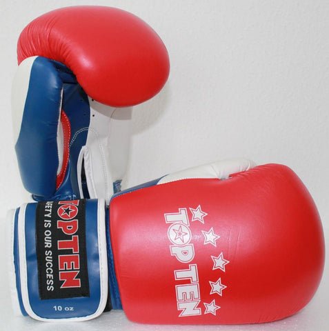 TOP TEN Fight 10oz sparring gloves RED/BLUE/WHITE (Leather/PU)