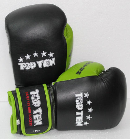 TOP TEN Fight 10oz sparring gloves 3-TONE NEON GREEN (Leather/PU)